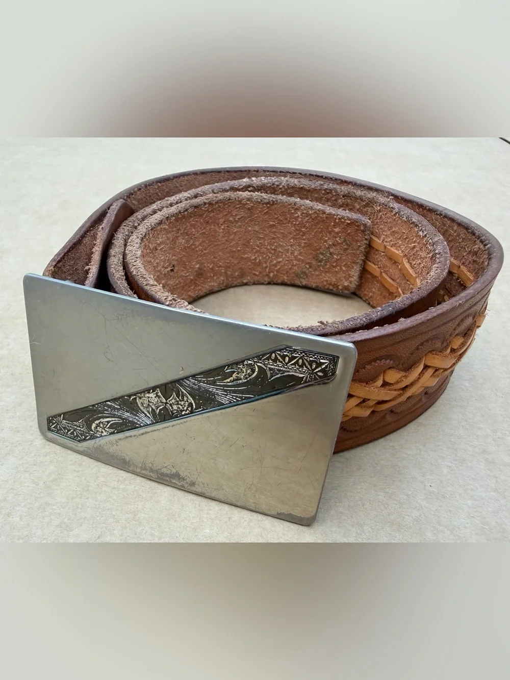 Vintage Western Leather Belt Nickel Silver Engraved Buckle Tooled Braided Size 3